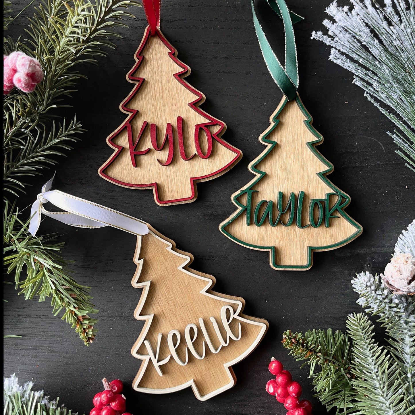 Tree Shaped Stocking Tag - Wood Lettering