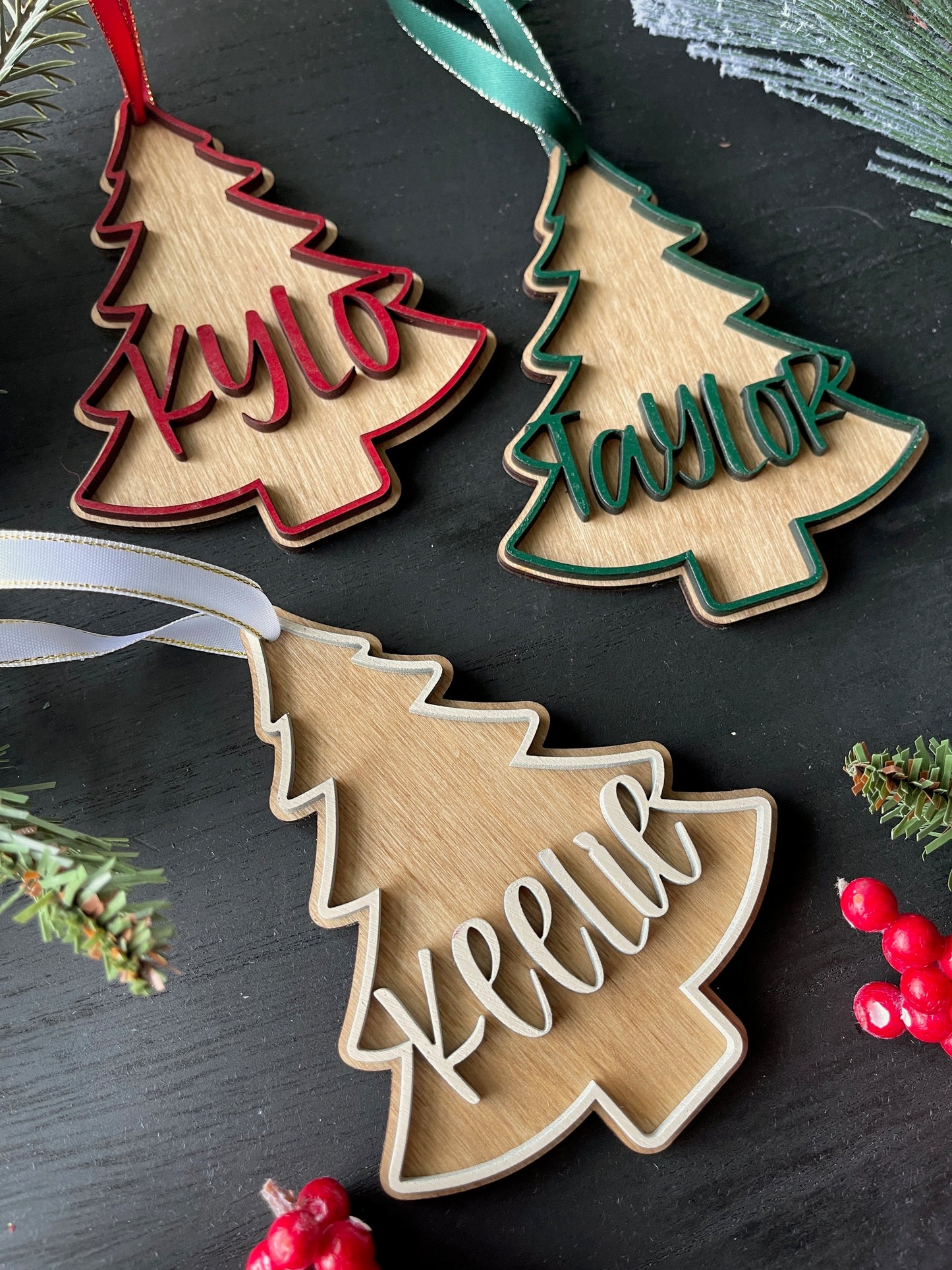 Tree Shaped Stocking Tag - Wood Lettering
