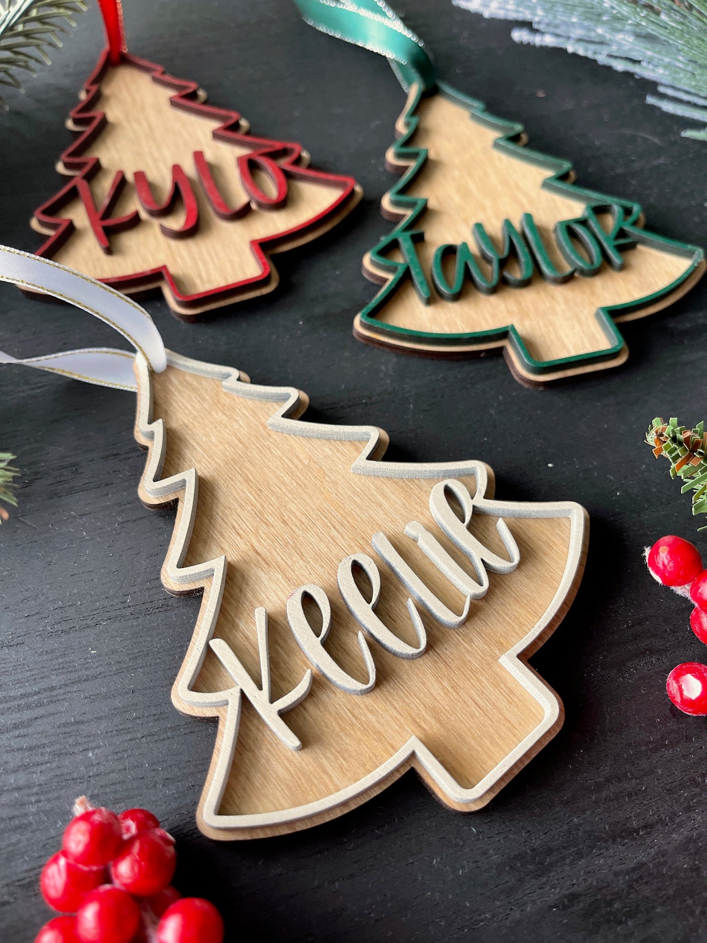Tree Shaped Stocking Tag - Wood Lettering