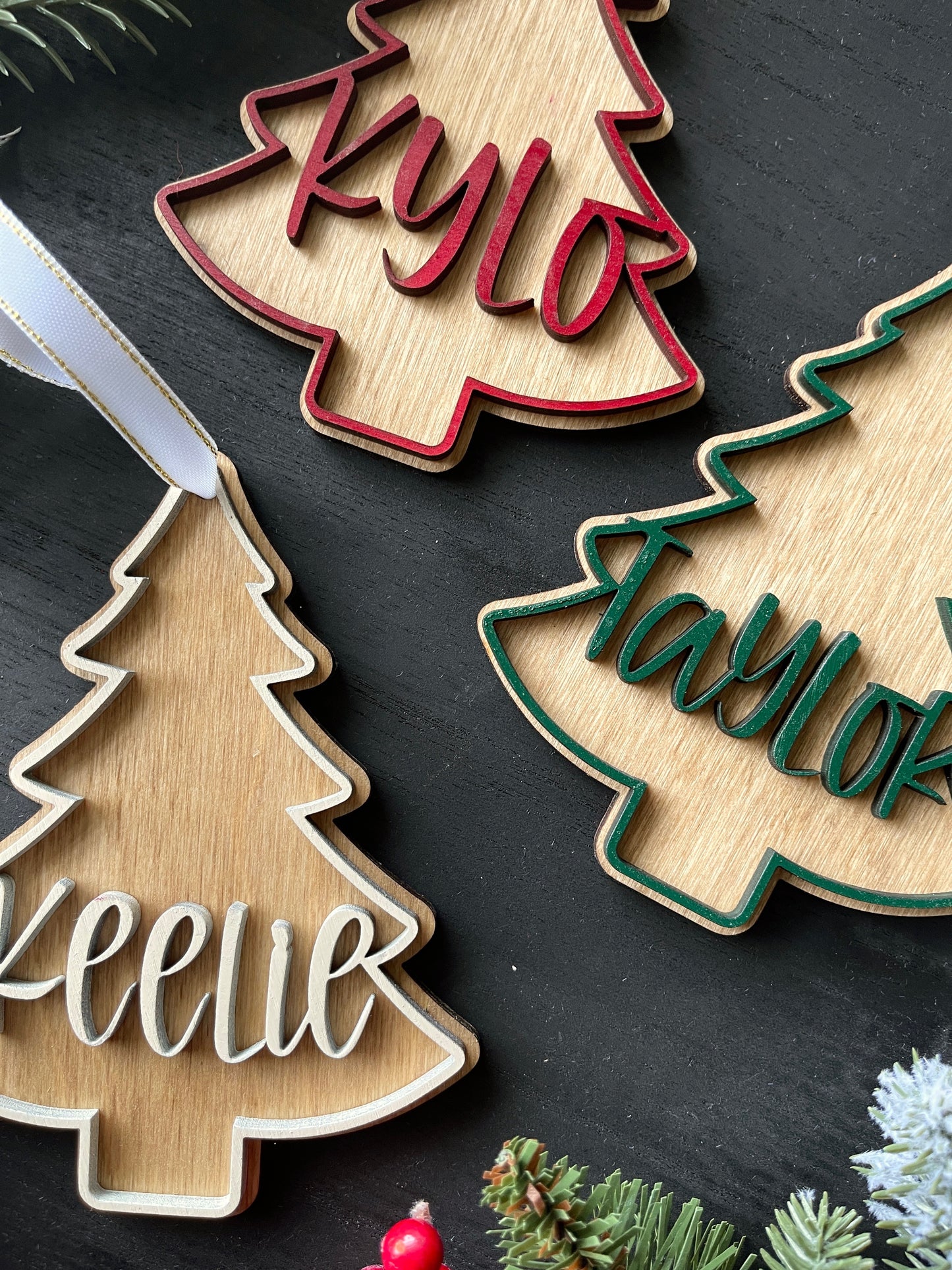 Tree Shaped Stocking Tag - Wood Lettering
