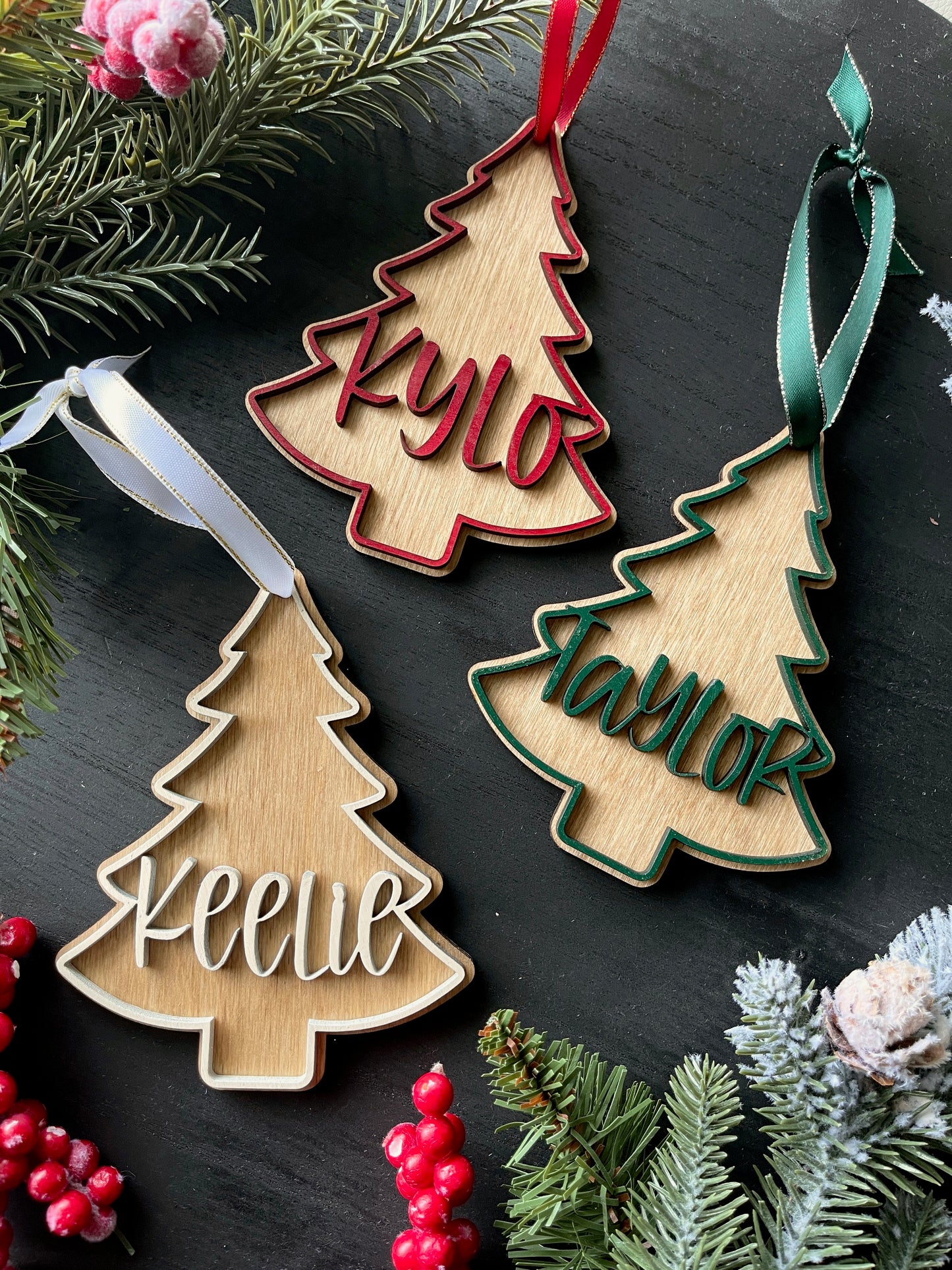 Tree Shaped Stocking Tag - Wood Lettering
