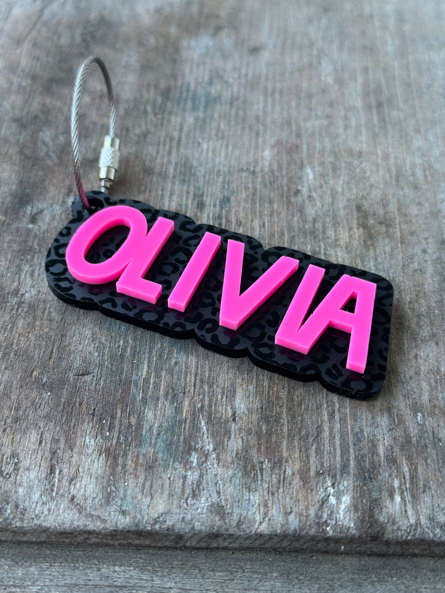 Black Leopard Print Layered Acrylic Name Bag Tag