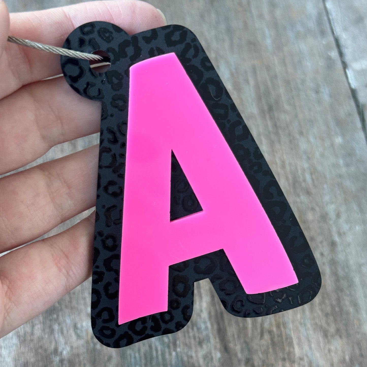 Black Leopard Print Layered Acrylic Letter Bag Tag