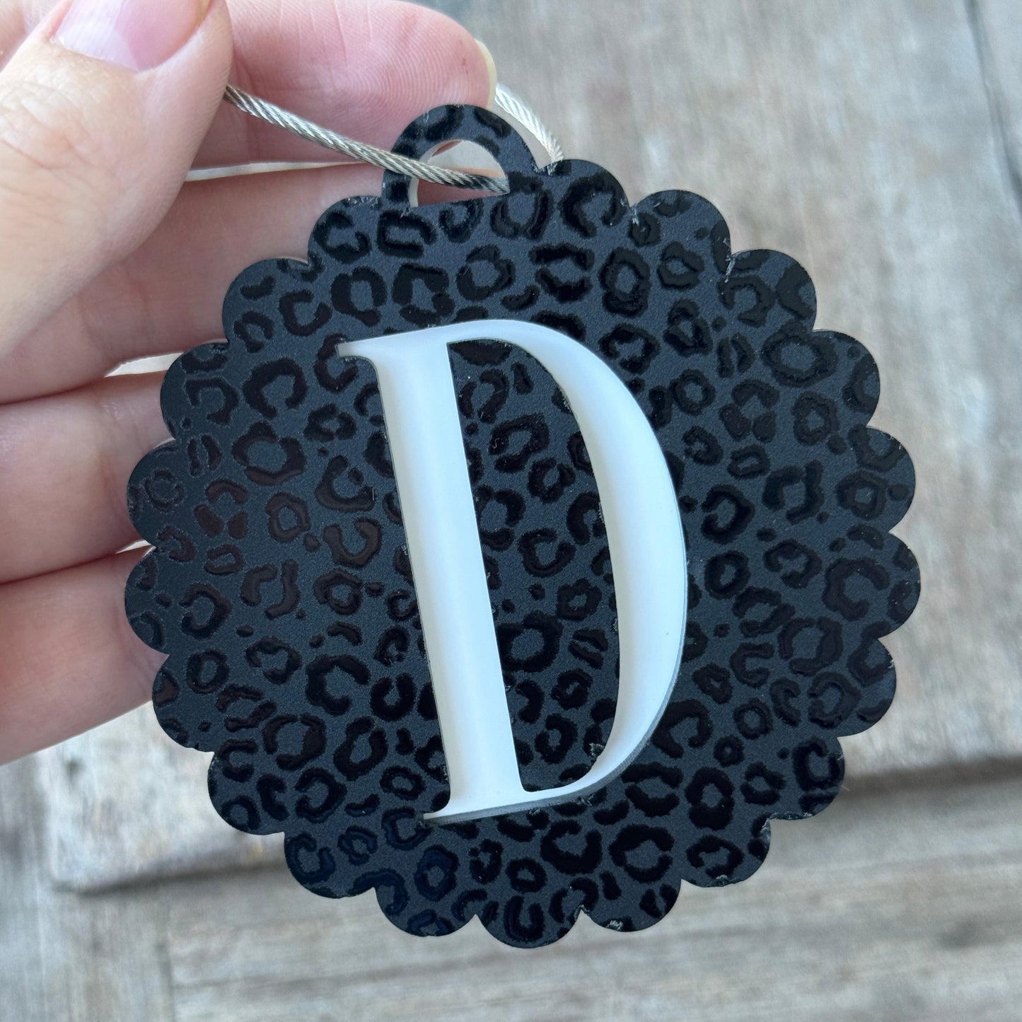 Black Leopard Print Monogram Scalloped Bag Tag