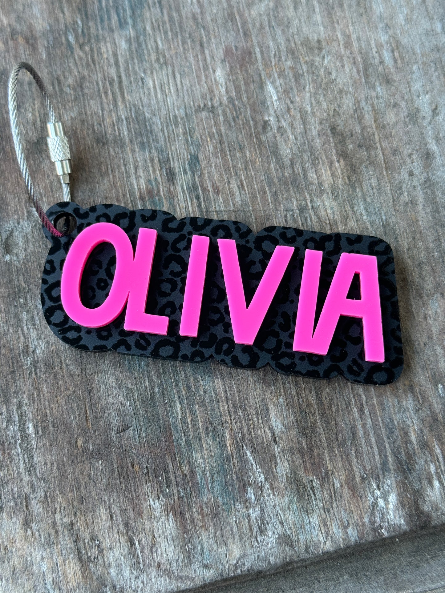 Black Leopard Print Layered Acrylic Name Bag Tag