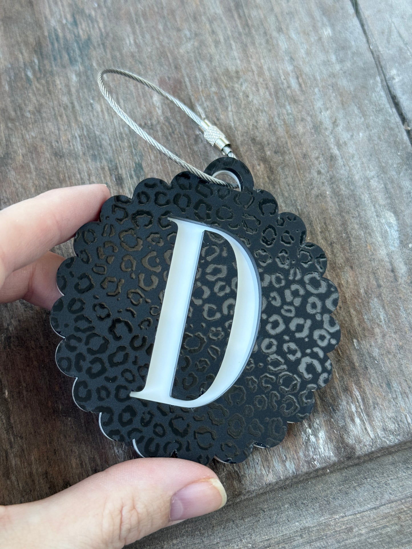 Black Leopard Print Monogram Scalloped Bag Tag