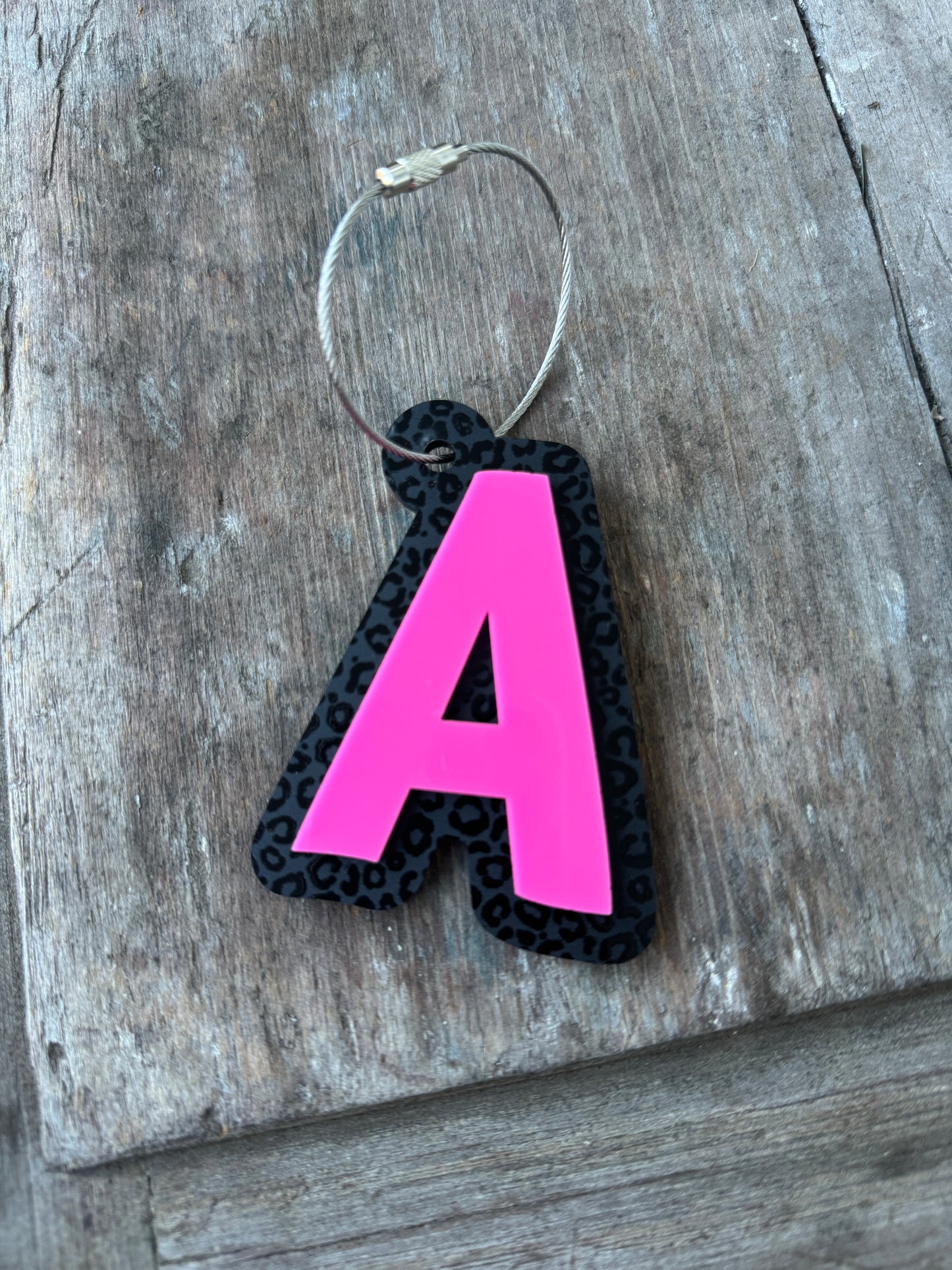 Black Leopard Print Layered Acrylic Letter Bag Tag