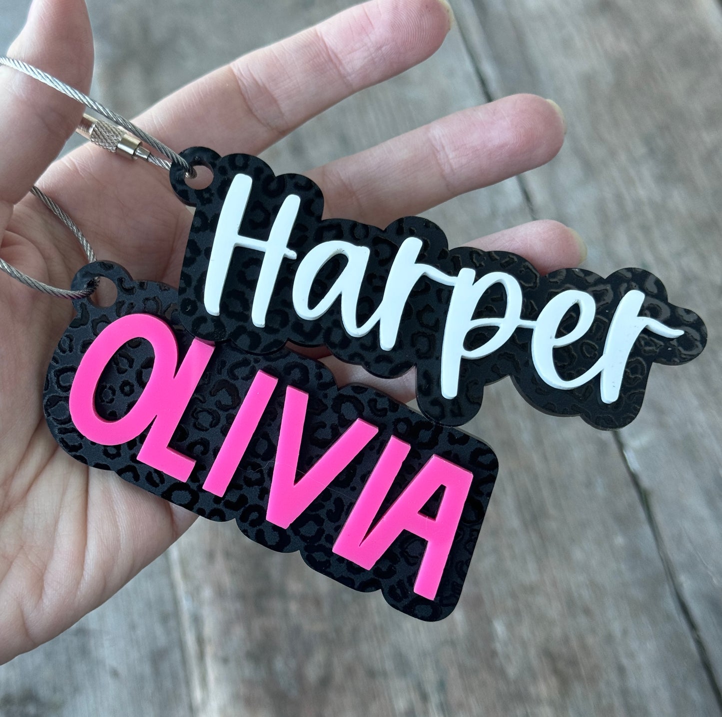 Black Leopard Print Layered Acrylic Name Bag Tag