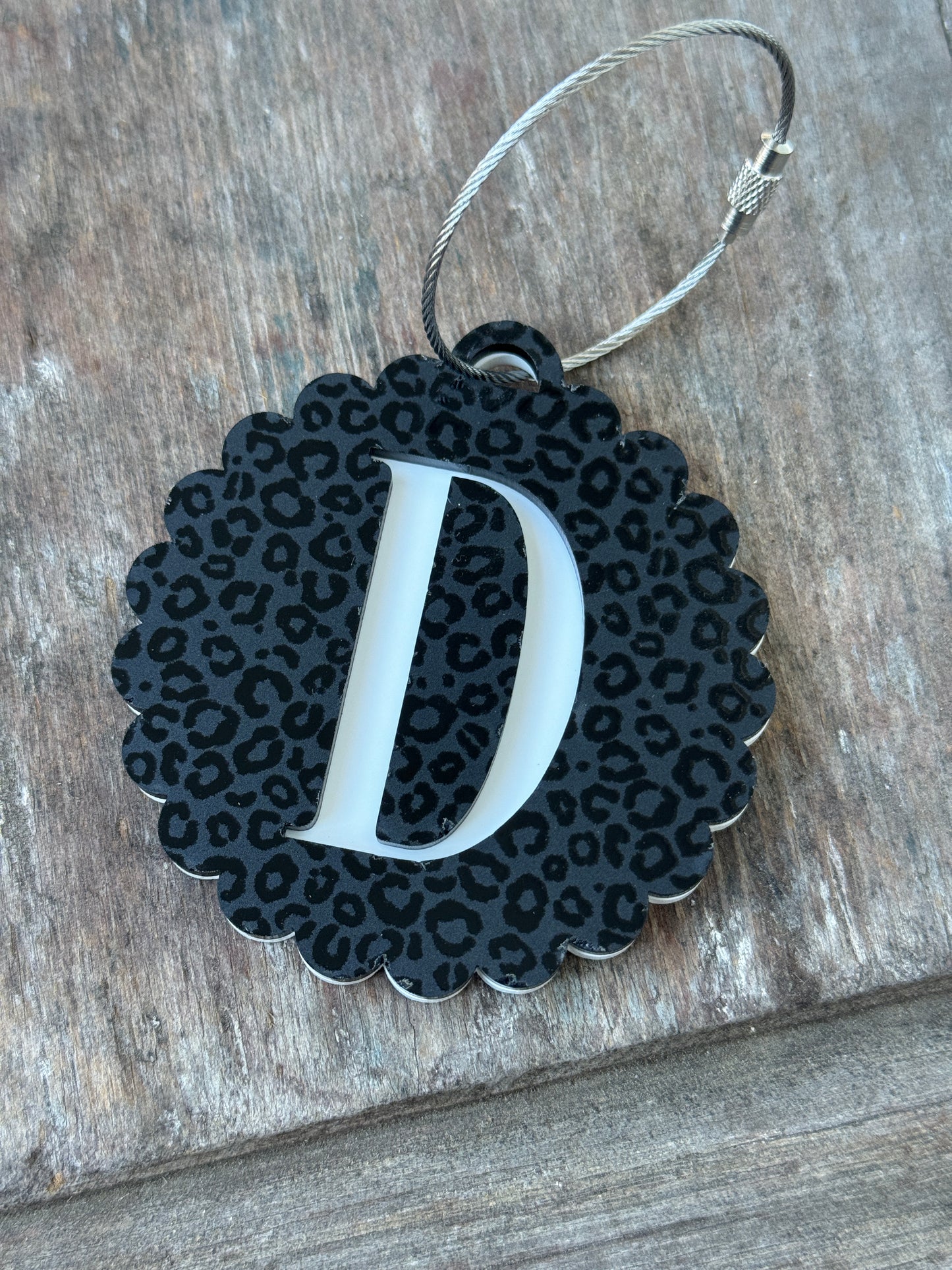 Black Leopard Print Monogram Scalloped Bag Tag