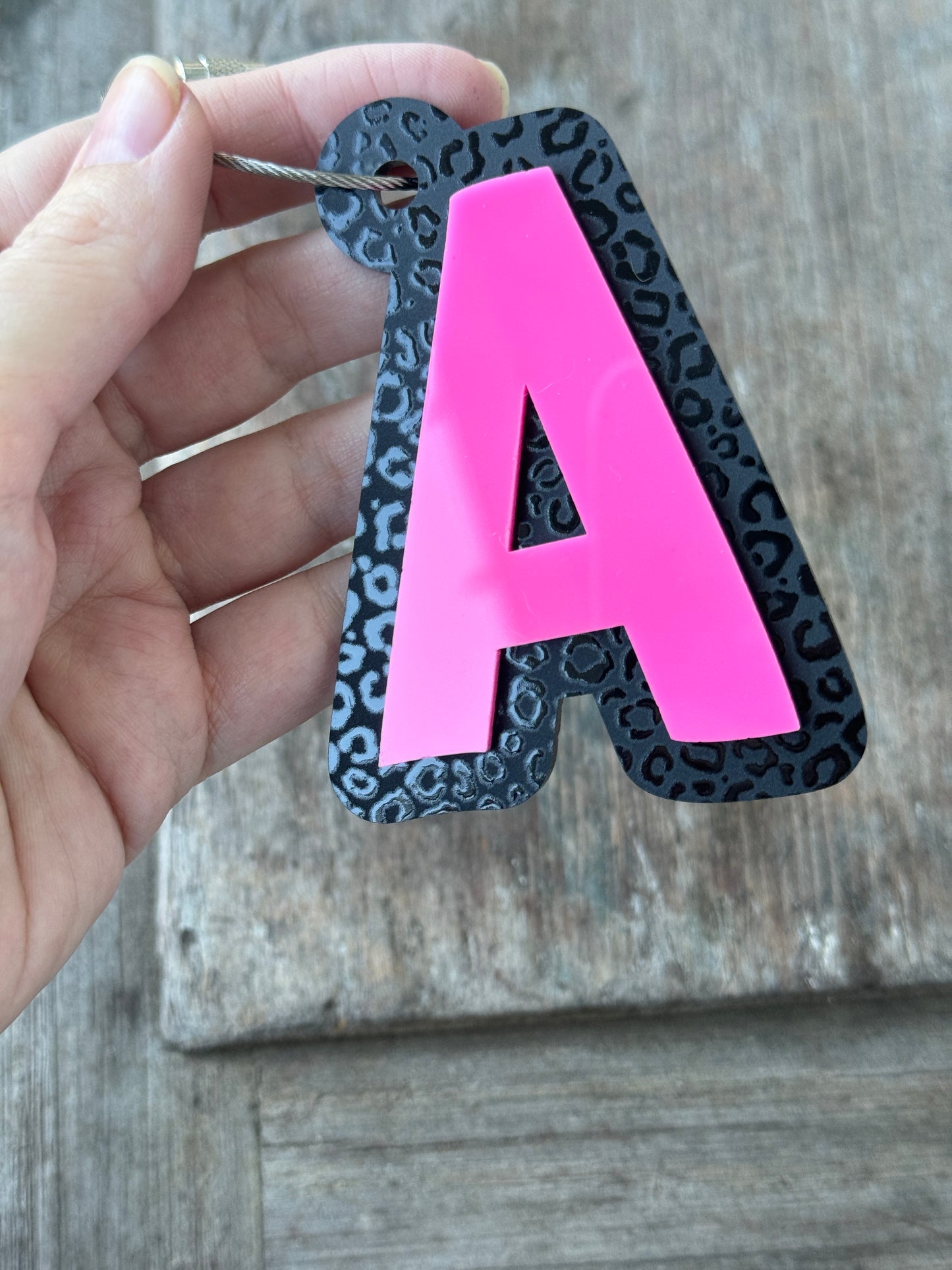 Black Leopard Print Layered Acrylic Letter Bag Tag