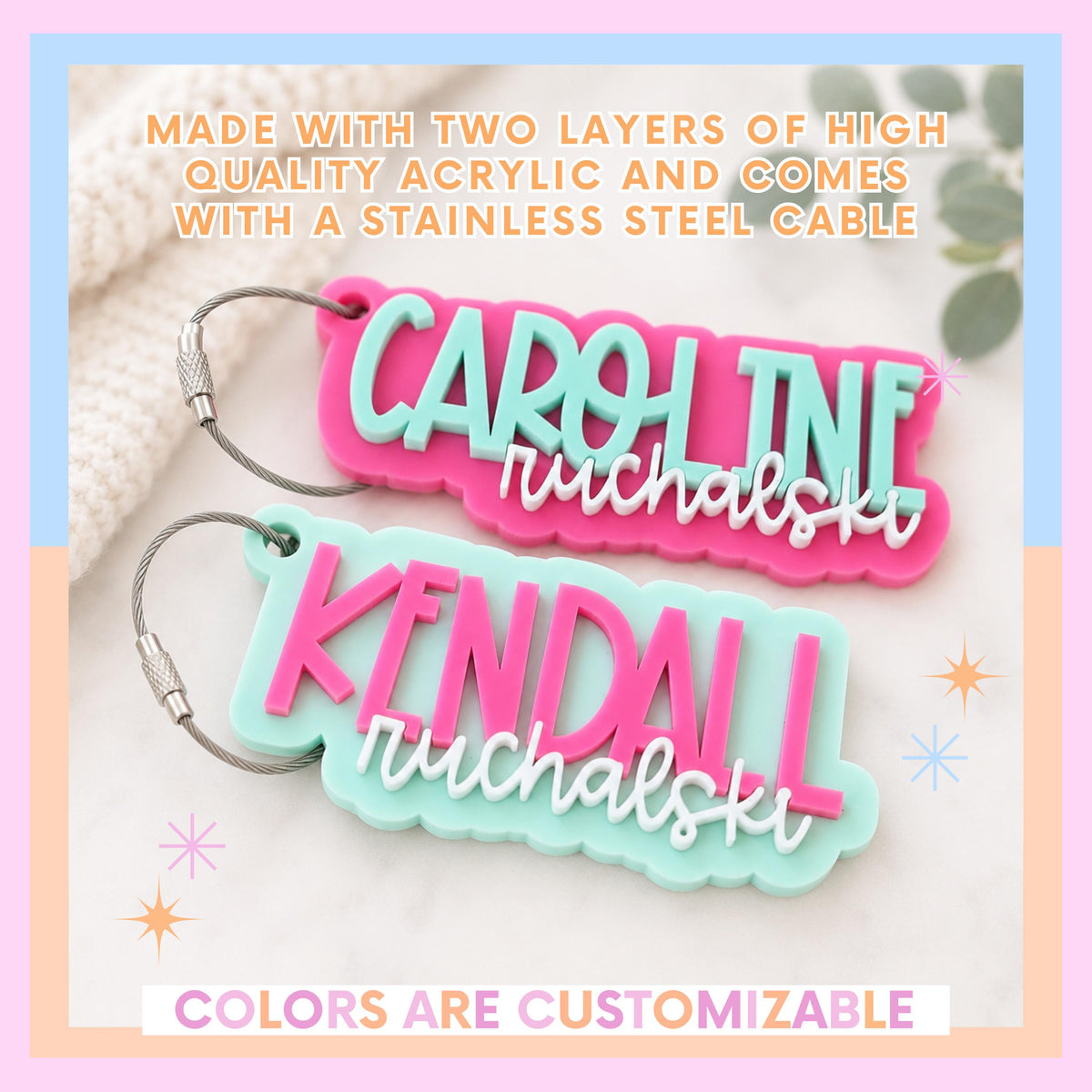 Custom Name Keychain Personalized Gift Stocking Stuffer Present Acrylic Backpack Tag Identification Charm Monogram Bag Marker School Organization Essential Sports Team Gift Travel Accessory Layered Design Wire Cable Student Locker
