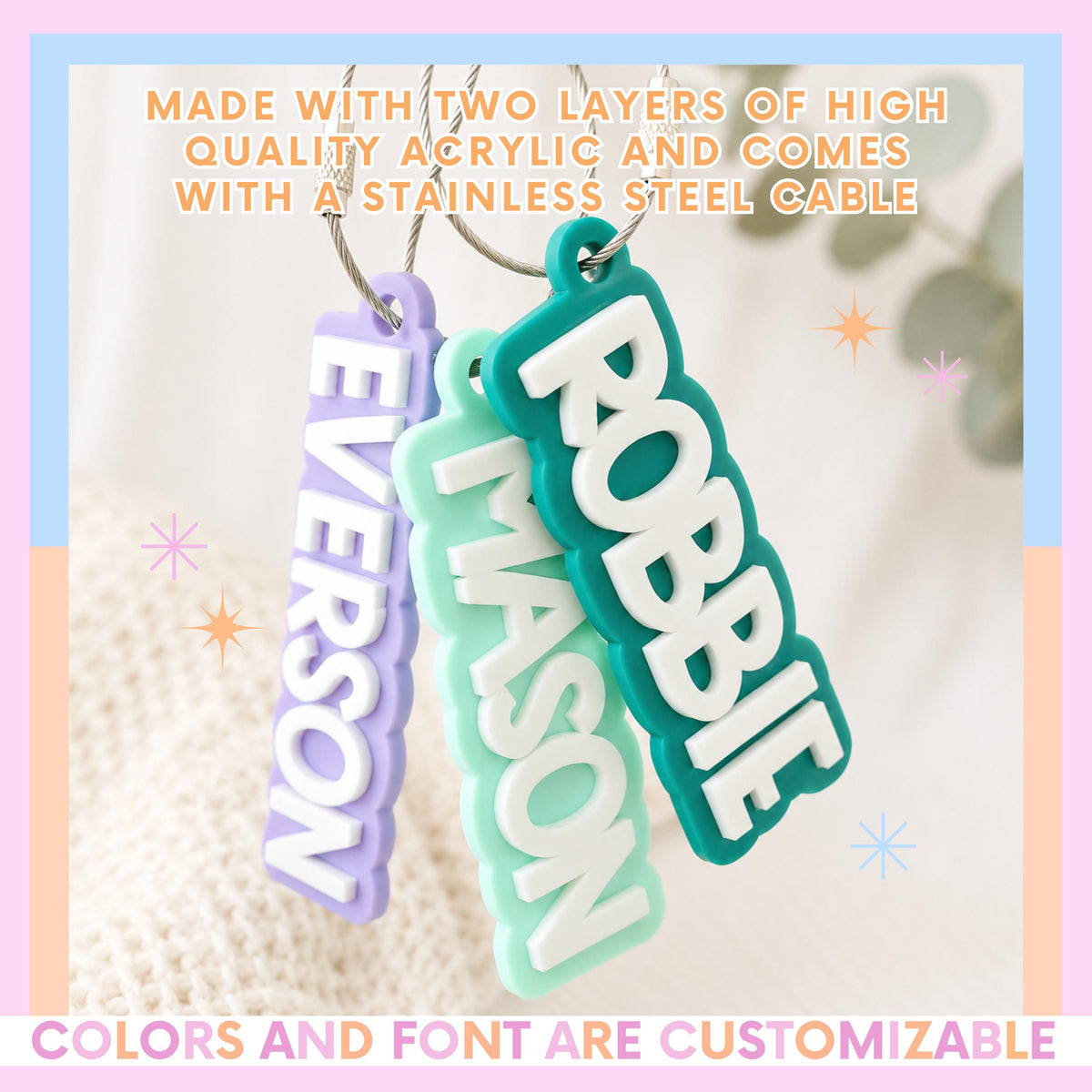 Custom Keychain Backpack Tag Personalized Gift Monogram Bag Tag Acrylic Layered Design Custom Name Teacher Appreciation Gift Birthday Present Stocking Stuffer Kids Backpack Accessory Student Gift Graduation Present Lunch Bag Tag Wire Cable