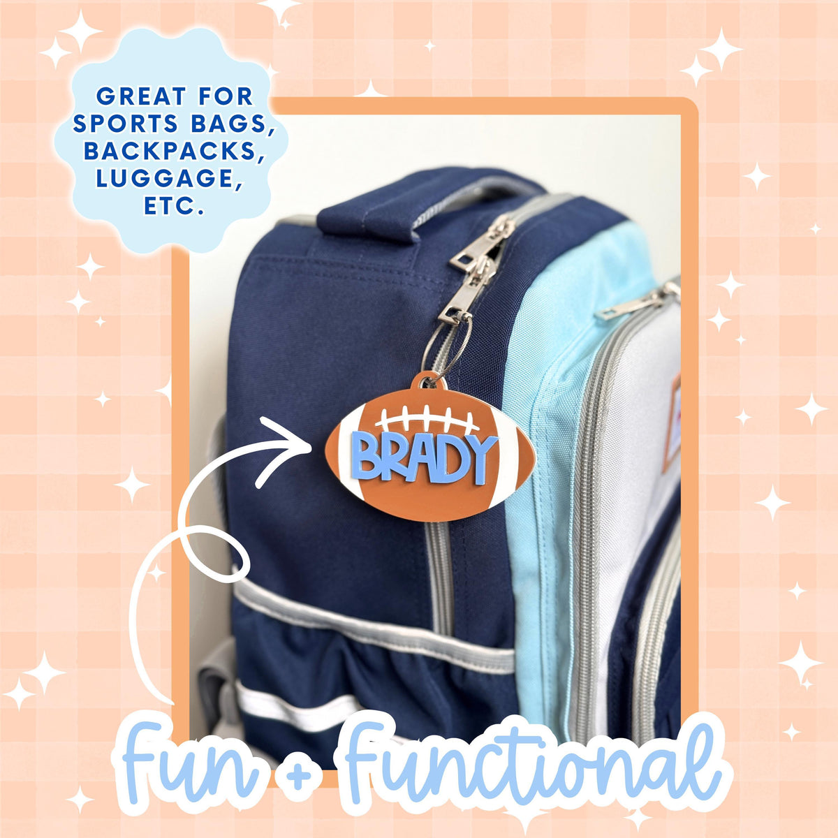 Football Player Gear Identifier Custom Bag Tag Personalized Name Monogram Sports Backpack Keychain Youth Athlete Birthday Present Team Gift Durable Acrylic Construction Equipment Organization Boys Girls Athletic Accessory Holiday Present