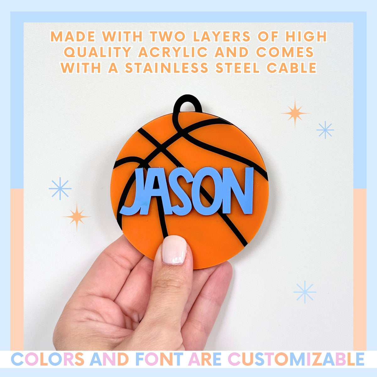 Custom Basketball Equipment Tag Personalized Name Keychain Acrylic Sports Bag Identifier Durable Youth Athlete Gear Marker Team Colors Design Perfect Backpack Luggage Travel Tag Birthday Gift For Boy Girl Coach Present Back To School