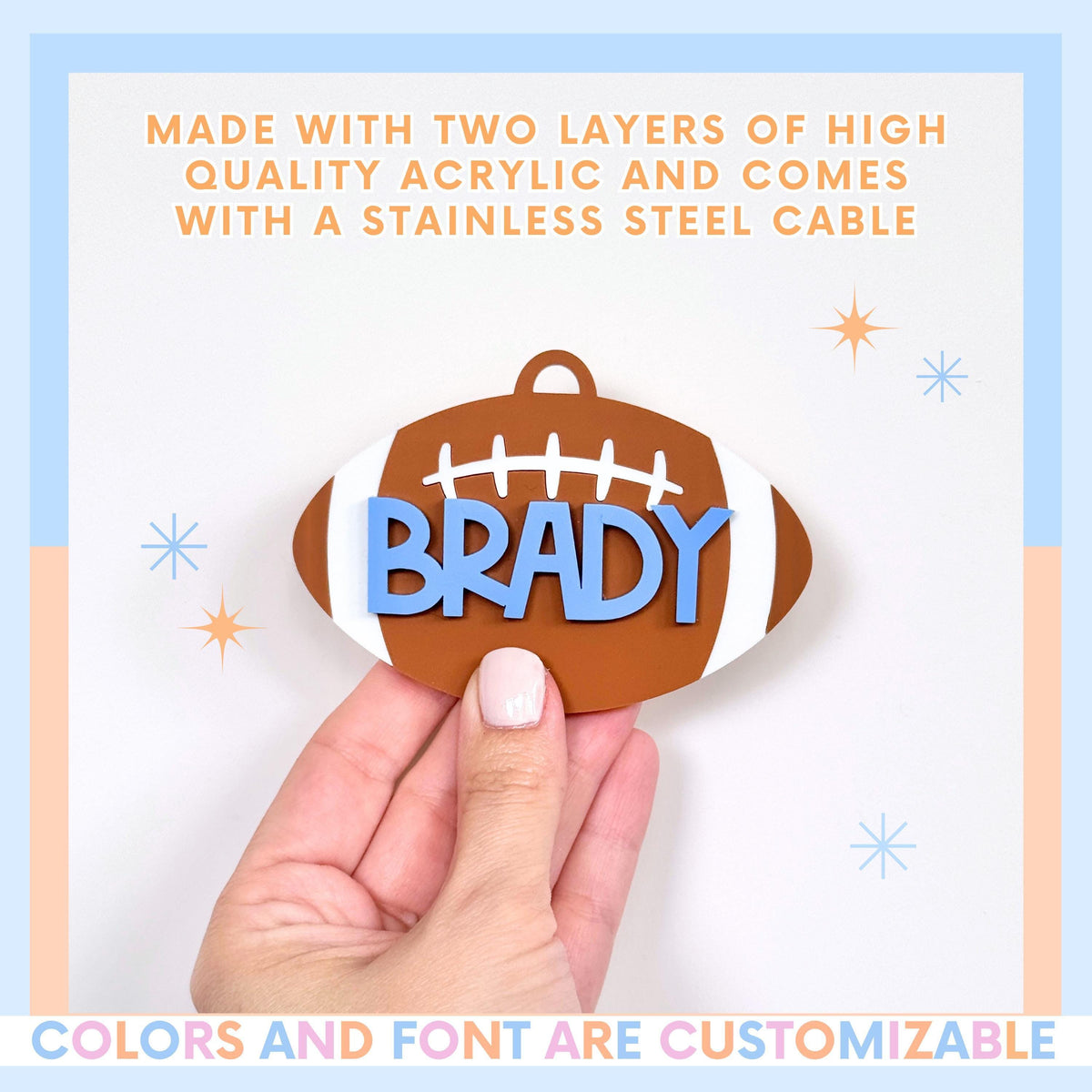 Custom Name Monogram Football Bag Tag Personalized Sports Backpack Keychain Player Gear Identifier Youth Athlete Gift Team Colors Design Durable Acrylic Construction Birthday Present Boys Girls Athletic Equipment Organization Holiday Gift