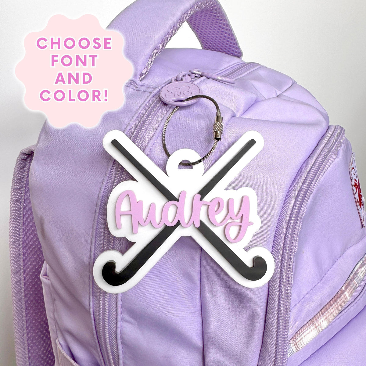 Personalized Field Hockey Gift Custom Name Bag Tag Youth Player Equipment Identification Acrylic Keychain Sports Accessory Team Colors Design Durable Backpack Attachment Coach Gift Birthday Present Stocking Stuffer Kids Athletic Gear