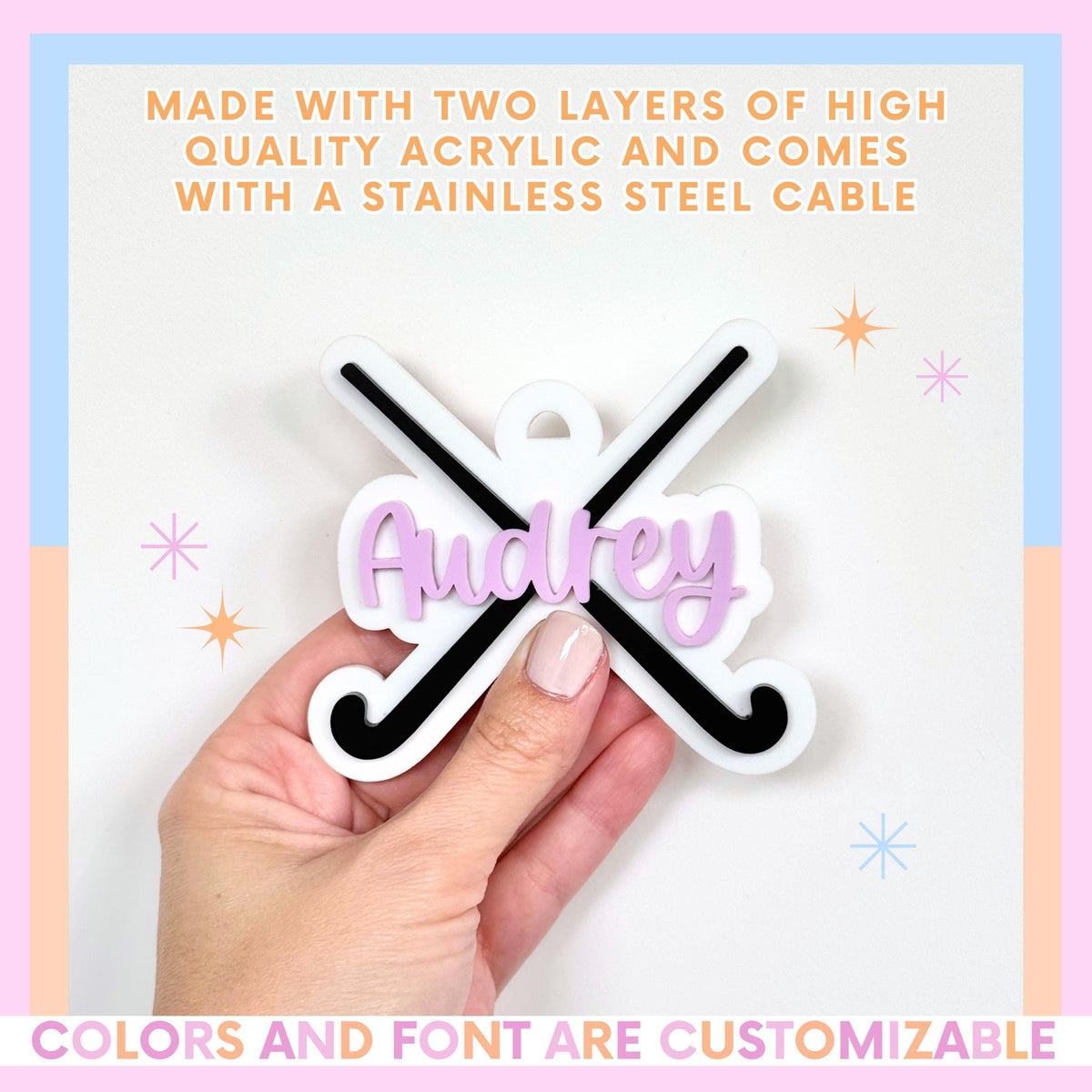 Custom Name Bag Tag Field Hockey Player Gift Personalized Keychain Acrylic Sports Identification Youth Team Equipment Accessory Durable Backpack Attachment Custom Colors Number Design Coach Appreciation Gift Birthday Present Stocking