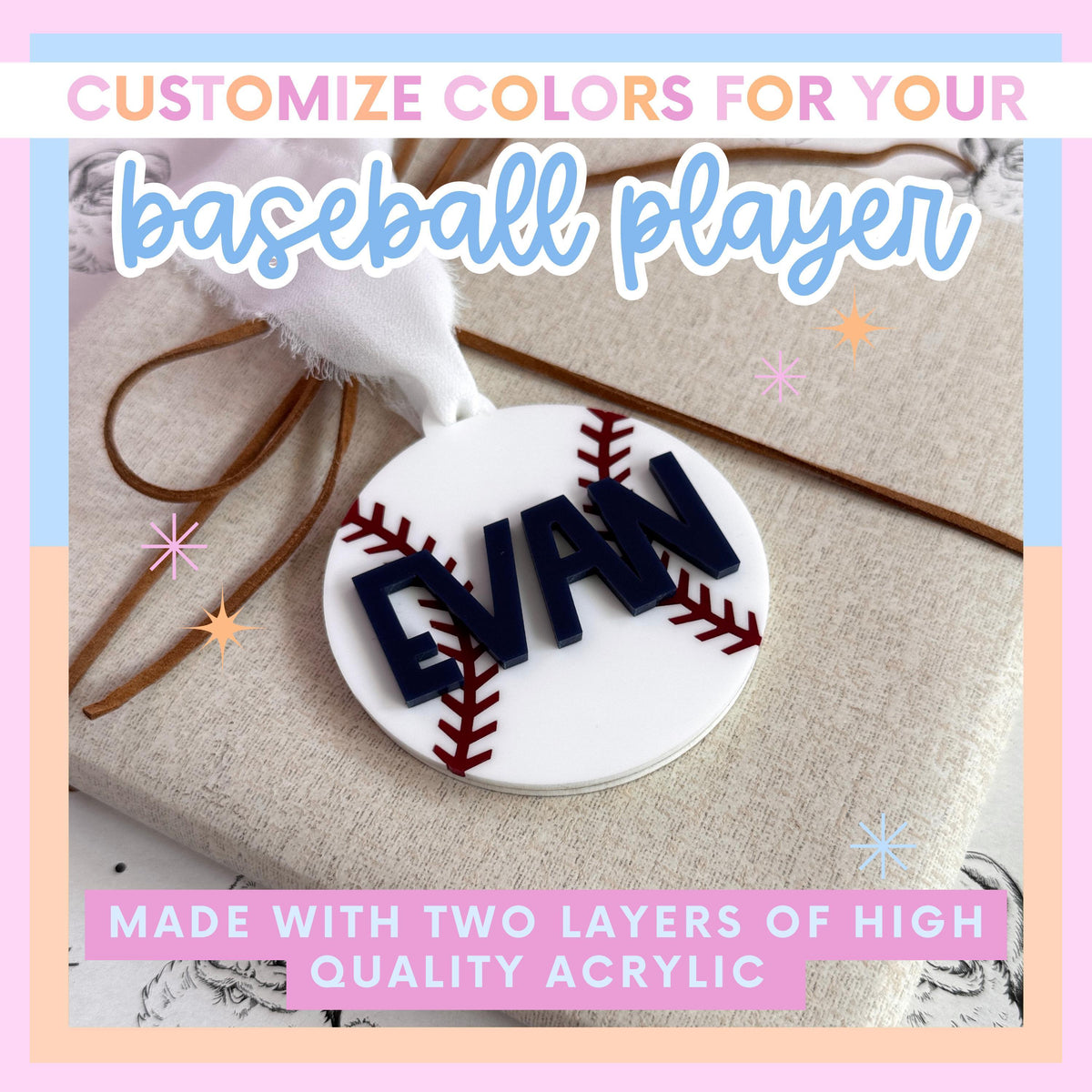 Custom Baseball Player Gift Personalized Ornament Acrylic Christmas Decoration Team Member Keepsake Holiday Present Boy Stocking Stuffer Baseball Season Recognition Durable Construction Custom Name Number Design Lasting Quality Material