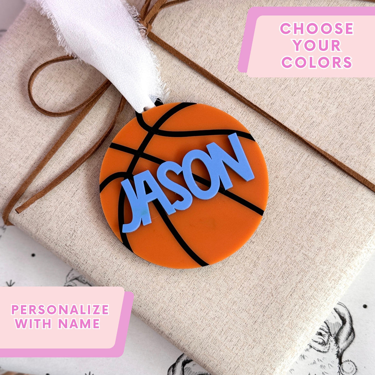 Personalized Basketball Ornament Custom Name Number Team Colors Christmas Tree Hanging Decoration Acrylic Keepsake Gift Basketball Player Present Coach Appreciation Holiday Stocking Stuffer Boy Athlete Memento Durable Sports Fan Christmas