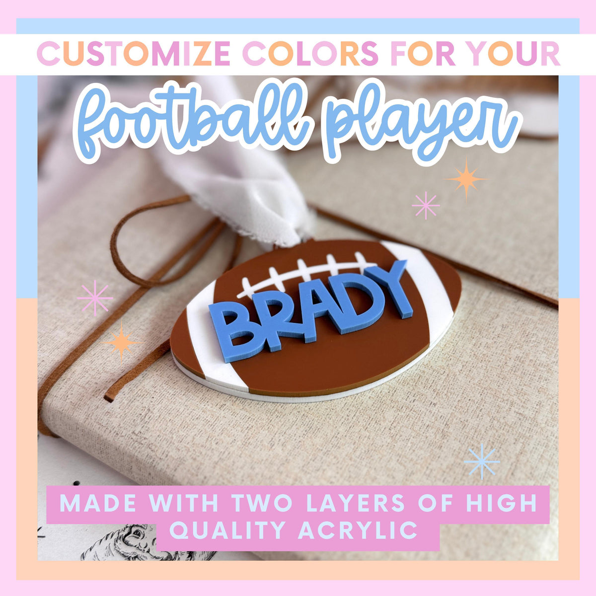 Custom Football Player Ornament Personalized Name Number Gift Acrylic Christmas Ornament Keepsake Coach Athlete Boy Sports Team Recognition Memento Durable Quality Construction Personalized Team Colors Design Christmas Stocking Stuffer Gift