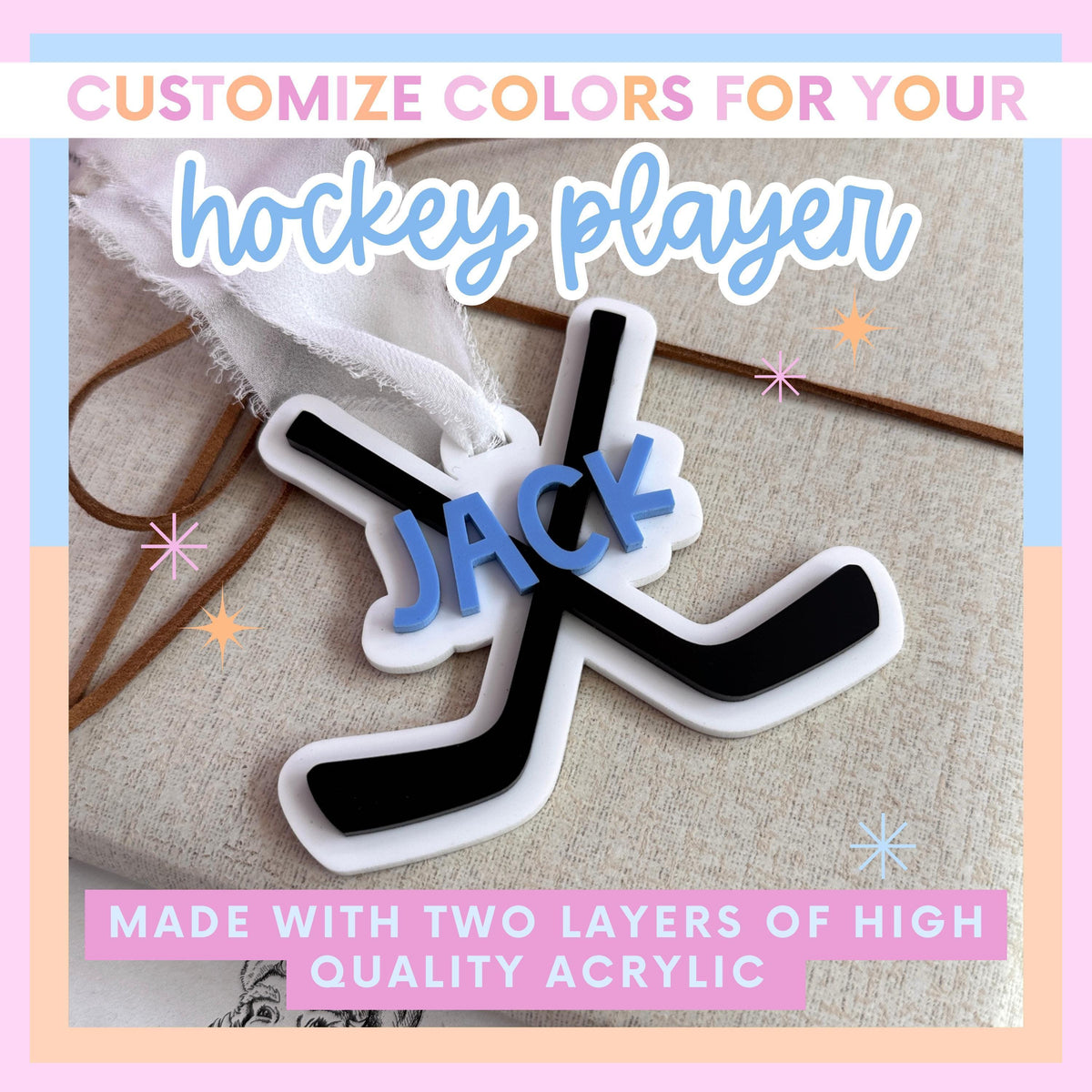 Custom Player Gift Hockey Ornament Personalized Christmas Keepsake Acrylic Ornament Coach Stocking Stuffer Kids Team Gift Athlete Memento Hockey Mom Present Holiday Bauble Custom Name Number Team Colors Durable Sports Gift