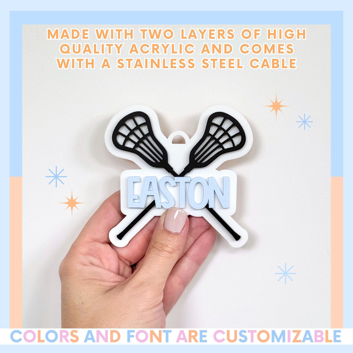 Lacrosse Equipment Marker Personalized Bag Tag Custom Name Identification Keychain Durable Acrylic Construction Sports Backpack Luggage Label Youth Athlete Travel Accessory Perfect Lacrosse Player Gift Birthday Party Favor Team Colors