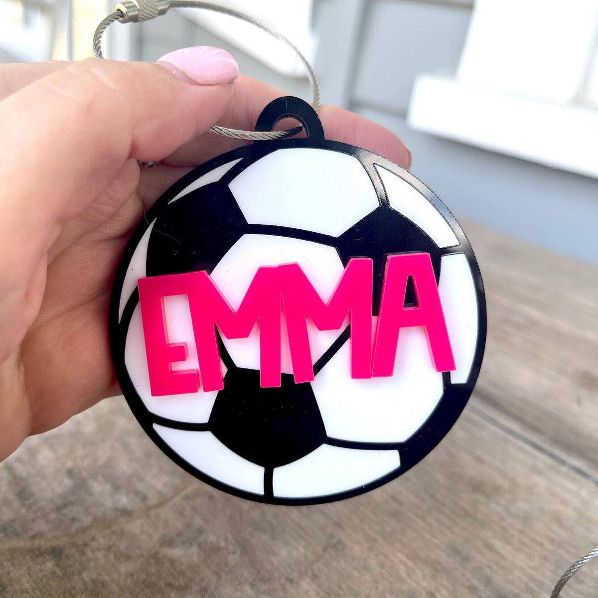 Custom Soccer Player Tag Personalized Name Identifier Acrylic Bag Charm Youth Sports Gift Team Colors Design Player Number Customization Backpack Accessory Equipment Organization Birthday Present For Soccer Player Durable Construction