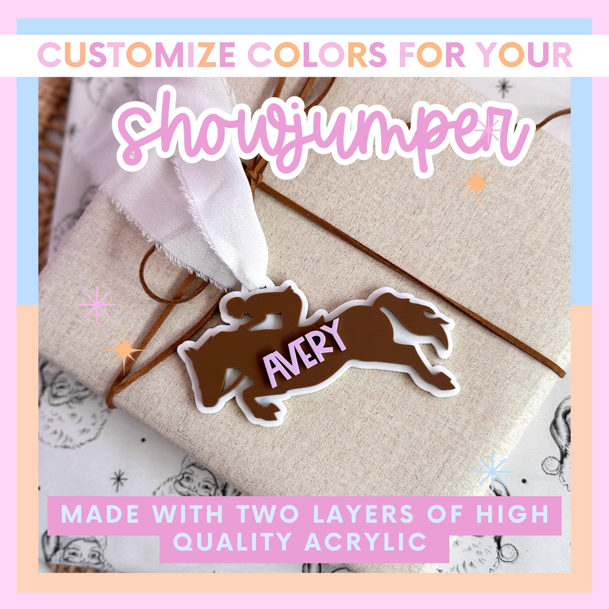 Show Jumping Trainer Gift Custom Ornament Personalized Name Design Equestrian Appreciation Present Horse Jumping Theme Christmas Tree Display Acrylic Keepsake Laser Cut Precision Durable Holiday Gift Customizable Colors Lightweight Ornament