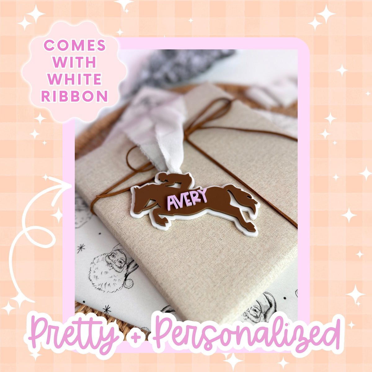 Equestrian Christmas Ornament Horse Jumping Competition Gift Custom Name Keepsake Show Jumper Present Personalized Acrylic Design Laser Cut Precision Durable Material Christmas Tree Display Customizable Colors Perfect Trainer Appreciation
