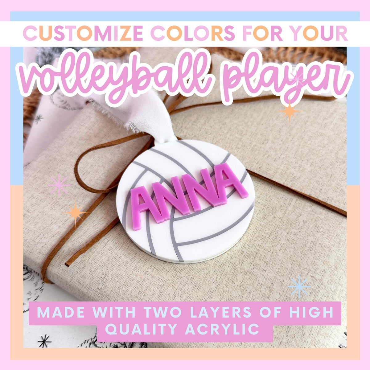 Volleyball Player Gift Custom Ornament Personalized Name Number Design Team Keepsake Christmas Holiday Decoration Acrylic Material Construction Coach Appreciation Present Team Memento Award Stocking Stuffer Gift Custom Team Colors