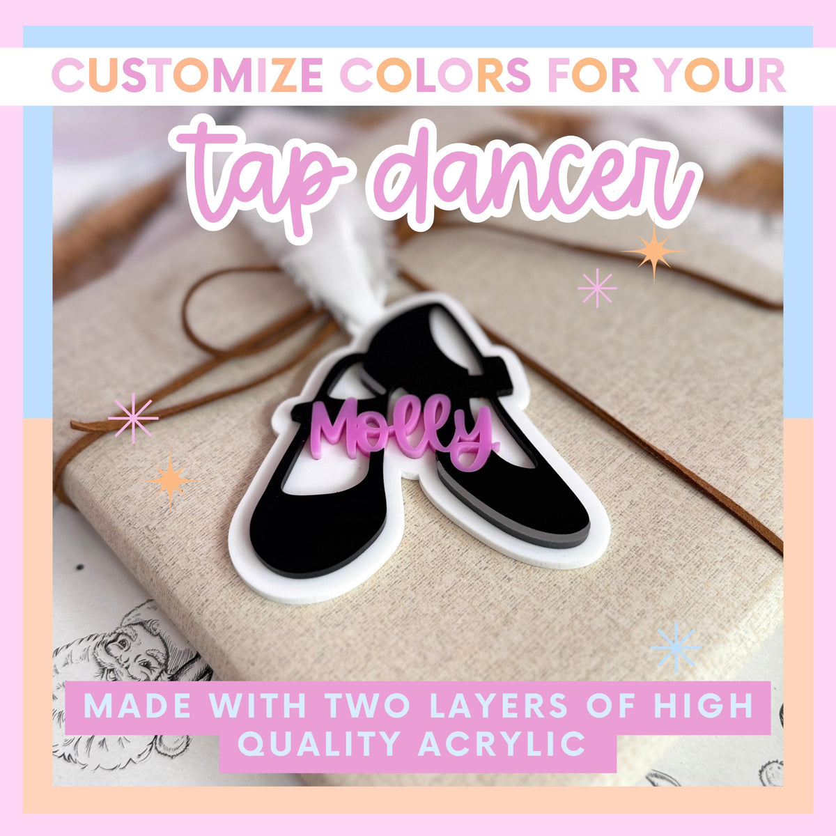 Tap Dancer Ornament Personalized Name Custom Keepsake Christmas Tree Decoration Dance Teacher Appreciation Gift Acrylic Hanging Ornament Durable Holiday Present Perfect Recital Memento Engraved Details Custom Colors Design Beautiful