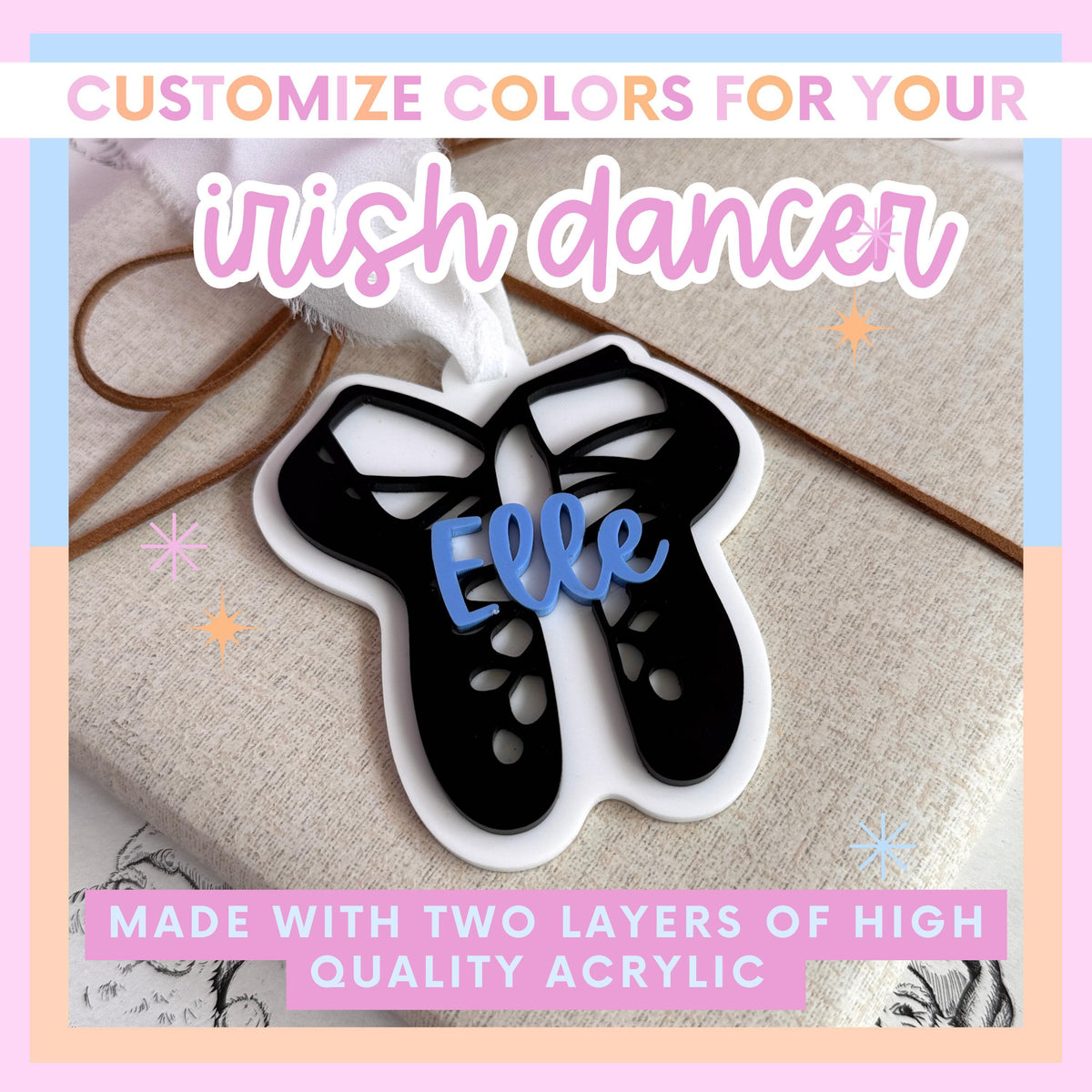 Personalized Christmas Ornament Custom Name Gift Irish Dance Keepsake Acrylic Decoration Ghillies Design Holiday Tree Hanging Dance Mom Present Stocking Stuffer Feis Competitor Memento Durable Material Custom Colors Personalized Design