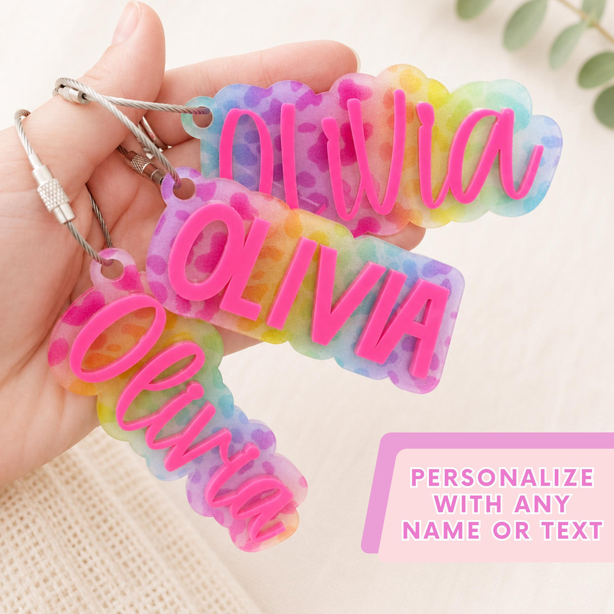 Custom Name Keychain Personalized Bag Tag Colorful Acrylic Design Kids School Backpack Charm Laser Cut Monogram Gift Perfect Team Sports Present Birthday Stocking Stuffer Vibrant Color Options Durable Two Layer Construction Wire Cable