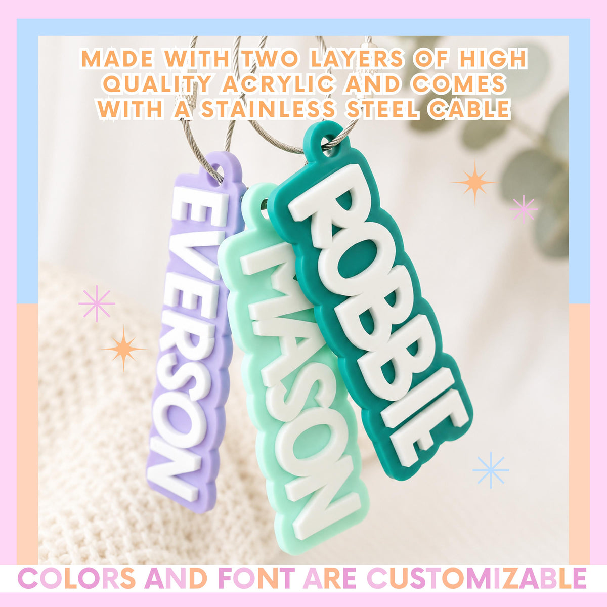 Kids Backpack Tag Personalized Name Keychain Custom Monogram Bag Charm Identification System Acrylic Construction Perfect School Organization Essential Birthday Present Stocking Stuffer Gift For Children Personal Item Marker Layered Design