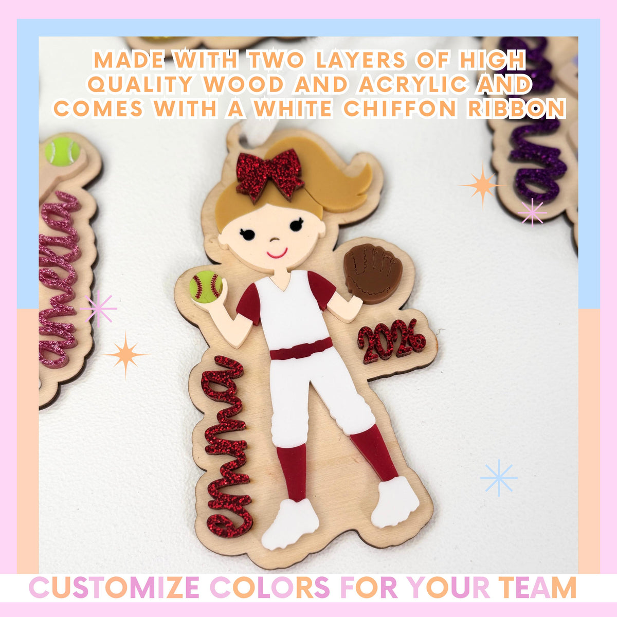 Softball Christmas Ornament for Team Gift for Softball Player Personalized Keepsake Acrylic Backpack Tag Birthday Present for Athlete