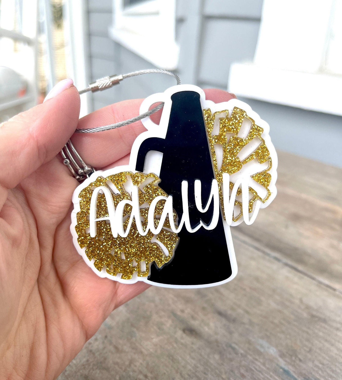 Custom Cheerleader Gift Personalized Bag Tag Name Label Acrylic Keychain Charm Backpack Identification Team Spirit Squad Accessory Perfect Stocking Stuffer Coach Appreciation Present Competition Practice Camp Gear Durable Lightweight Design