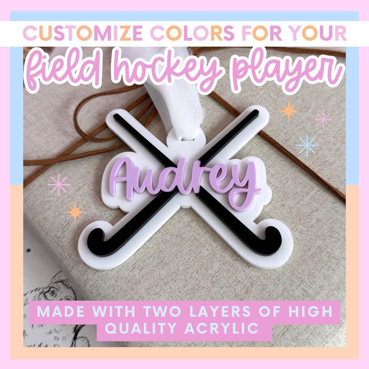 Custom Field Hockey Player Ornament Personalized Name Number Team Colors Design Acrylic Keepsake Christmas Perfect Gift Sports Athlete Collection Holiday Tree Stocking Stuffer Kids Team Member Present Coach Durable Construction Quality