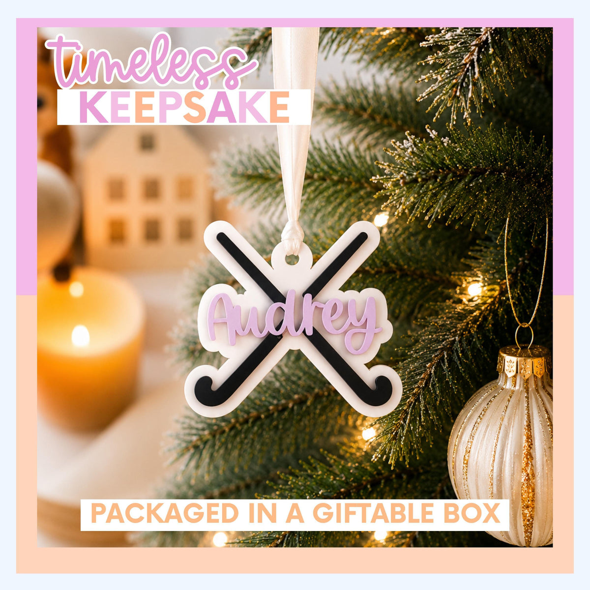 Personalized Keepsake Field Hockey Player Ornament Custom Name Number Design Acrylic Christmas Gift Collection Team Athlete Sports Memento Holiday Tree Display Perfect Stocking Stuffer Kids Coach Appreciation Present Durable Construction