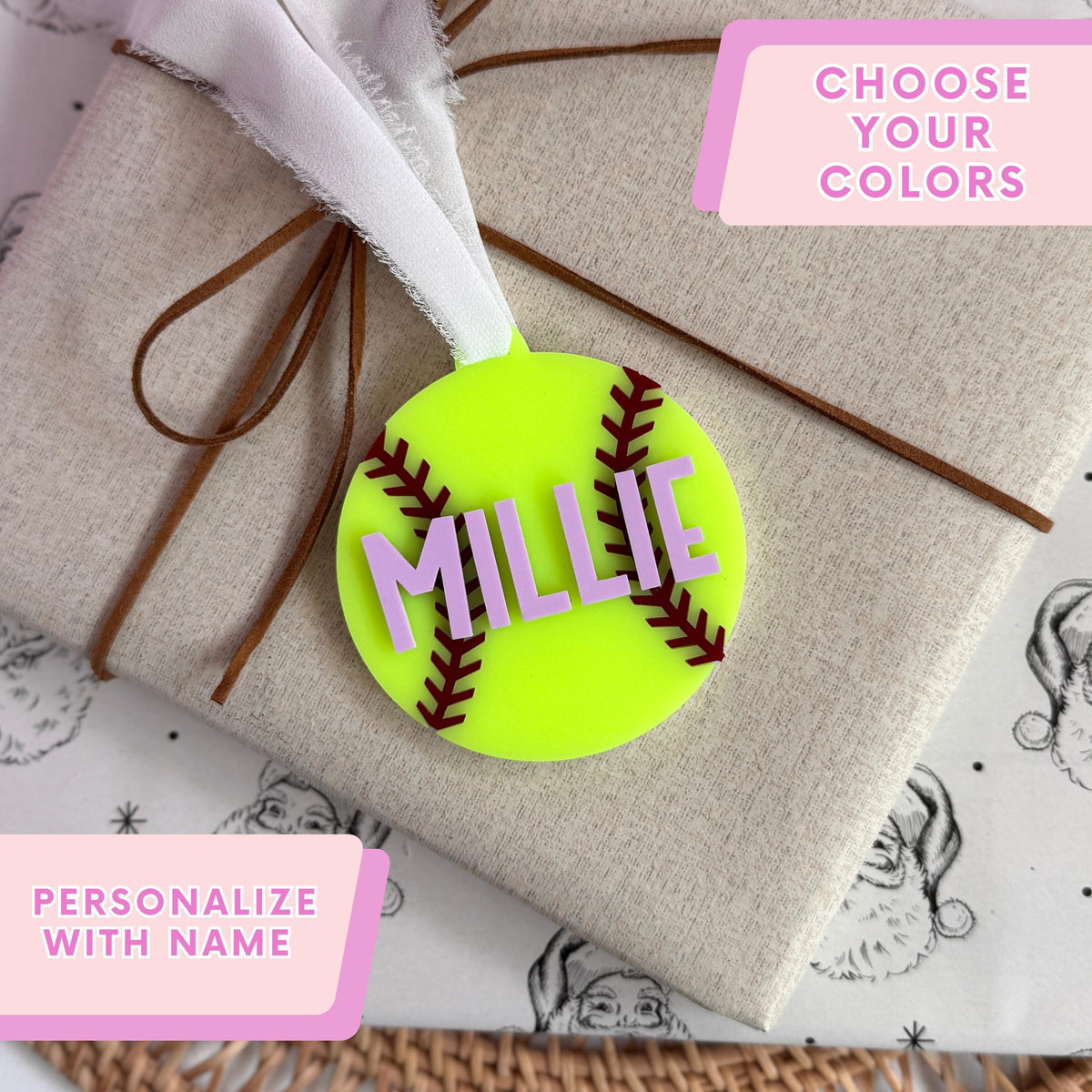 Personalized Softball Ornament Custom Name Player Number Team Colors Christmas Gift Girl Athlete Keepsake Acrylic Material Durable Construction Holiday Decoration Stocking Stuffer Present Coach Appreciation Award Team Memento Unique Sports