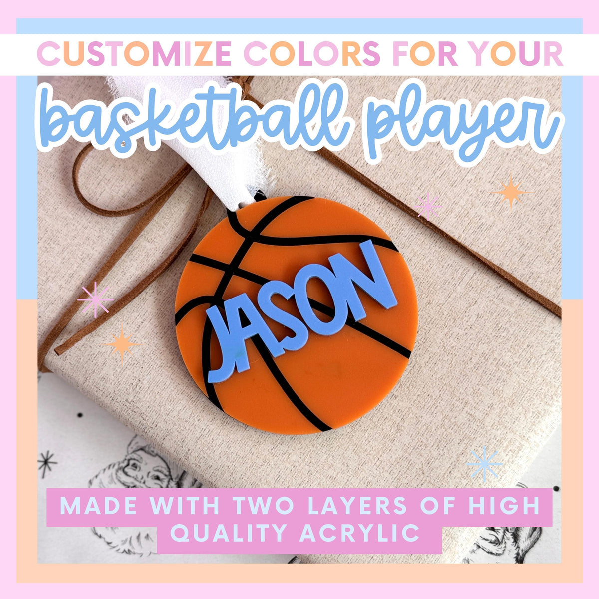 Basketball Coach Appreciation Gift Personalized Ornament Custom Name Number Christmas Tree Decoration Team Colors Keepsake Present Player Recognition Holiday Gift Acrylic Hanging Ornament Stocking Stuffer Boy Sports Memento Durable