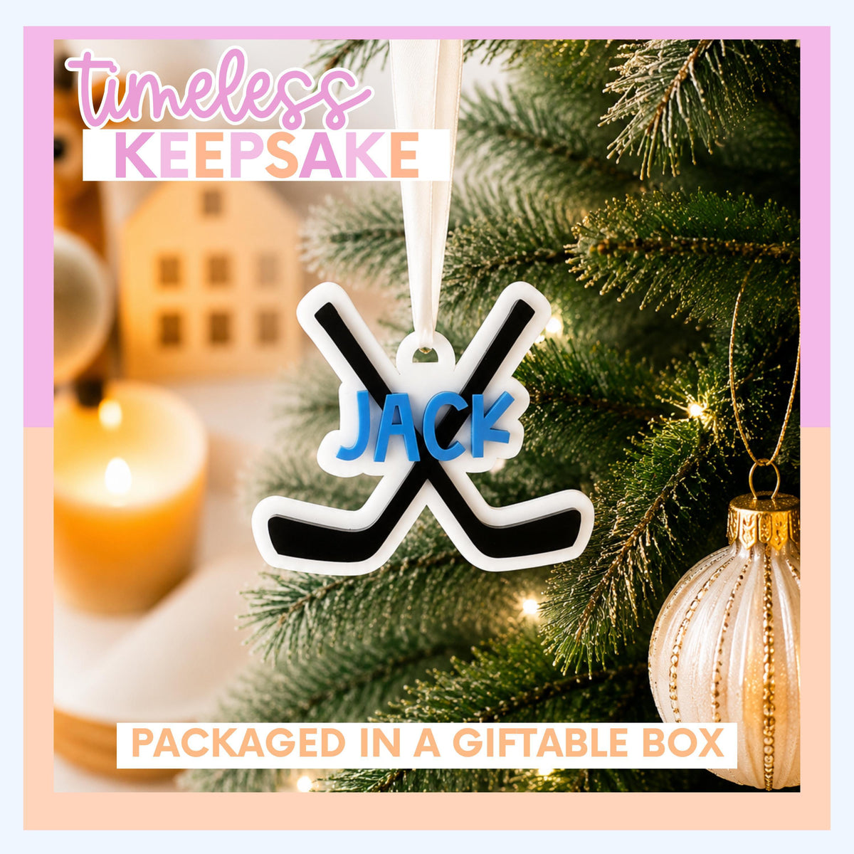 Acrylic Keepsake Ornament Personalized Hockey Player Gift Custom Christmas Bauble Coach Gift Stocking Stuffer Kids Team Memento Athlete Name Hockey Mom Present Holiday Tree Custom Number Team Colors Durable Sports Gift