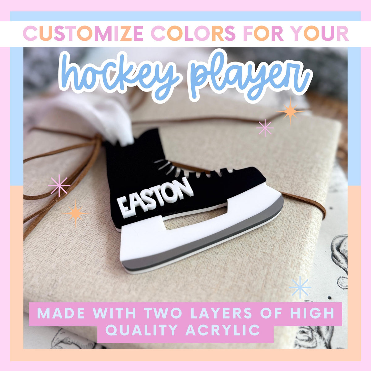 Hockey Player Ornament Personalized Christmas Gift Custom Name Number Acrylic Keepsake Youth Athlete Memento Team Colors Design Holiday Tree Hanging Seasonal Sports Tribute Coach Appreciation Gift Stocking Stuffer Present Durable Material