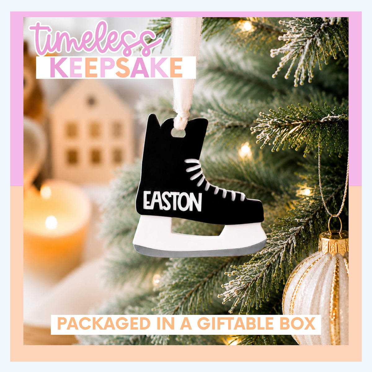 Christmas Hockey Ornament Personalized Player Gift Custom Keepsake Acrylic Material Youth Athlete Memento Name Number Team Colors Holiday Tree Hanging Coach Appreciation Present Seasonal Stocking Stuffer Sports Recognition Durable Quality