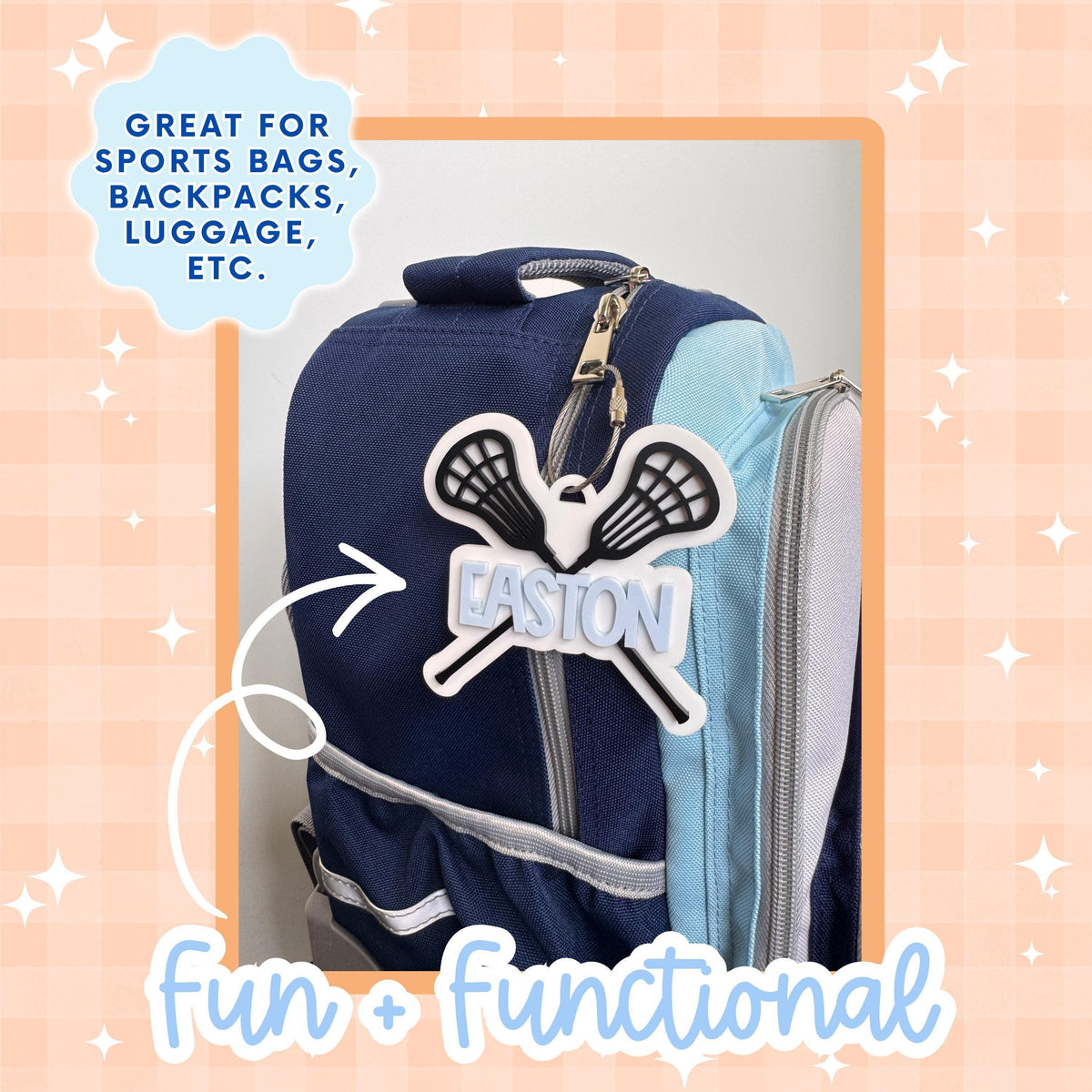Custom Team Sports Tag Personalized Lacrosse Bag Identification Keychain Acrylic Equipment Marker Youth Athlete Backpack Label Durable Construction Perfect Lacrosse Player Gift Birthday Stocking Stuffer Travel Accessory Team Colors Design