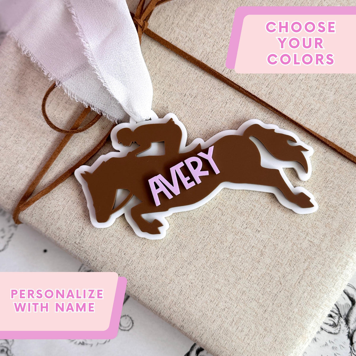 Personalized Horse Jumping Ornament Custom Name Christmas Gift Show Jumping Rider Keepsake Acrylic Tree Ornament Equestrian Holiday Present Laser Cut Design Durable Material Customizable Colors Perfect Trainer Gift Stocking Stuffer Idea