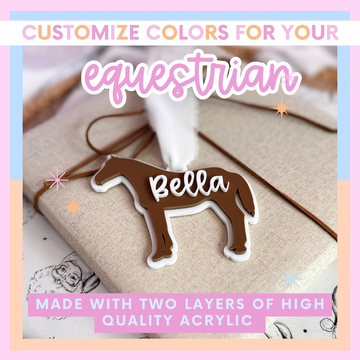 Horseback Riding Gift Custom Ornament Personalized Christmas Decoration Equestrian Keepsake Acrylic Hanging Display Custom Name Design Durable Laser Cut Construction Perfect Trainer Gift Holiday Tree Ornament Lightweight Display Rider
