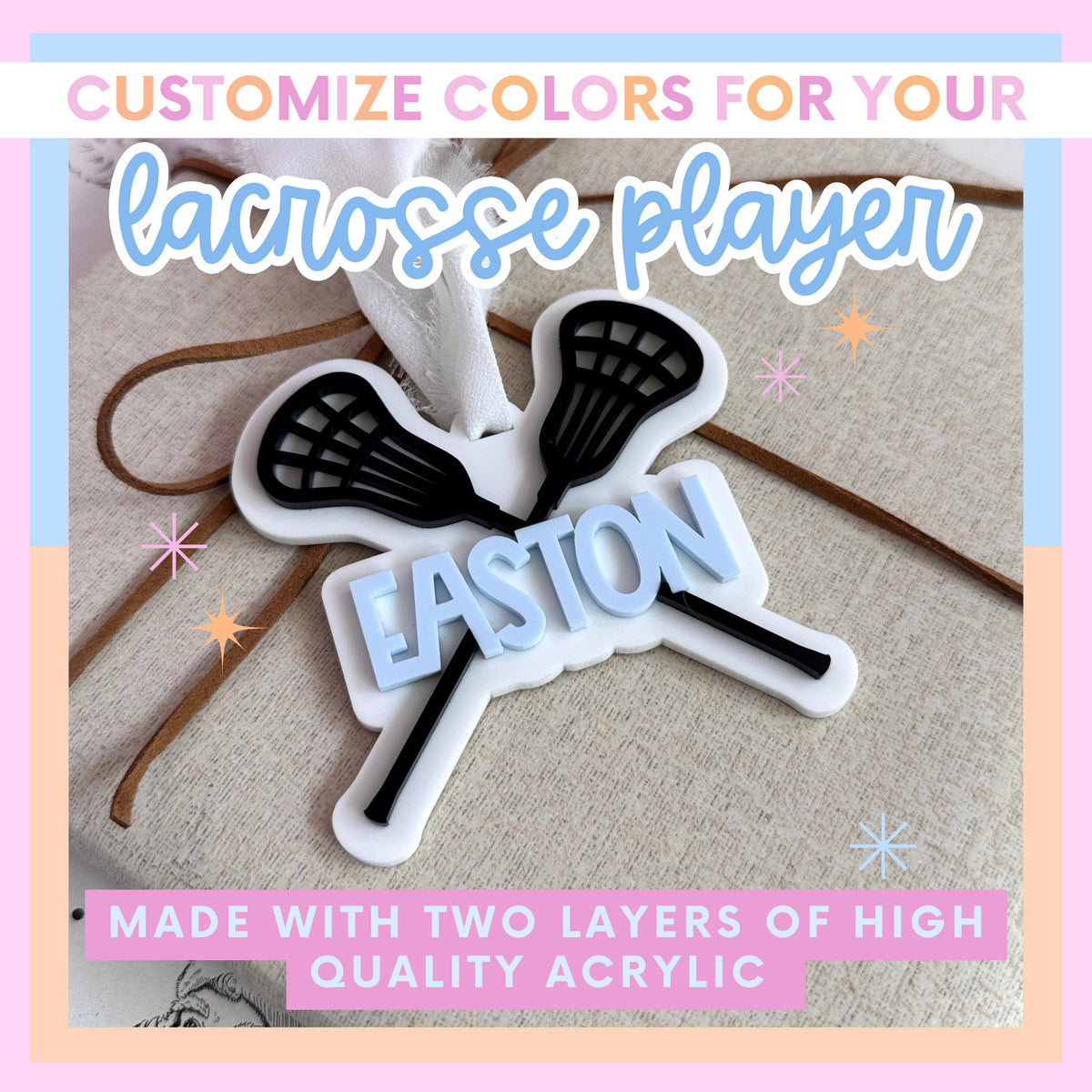 Custom Lacrosse Christmas Ornament Personalized Player Name Number Acrylic Holiday Tree Hanging Perfect Stocking Stuffer Gift Youth Athlete Keepsake Sports Memento Team Colors Design Durable Construction Coach Appreciation Gift Lacrosse