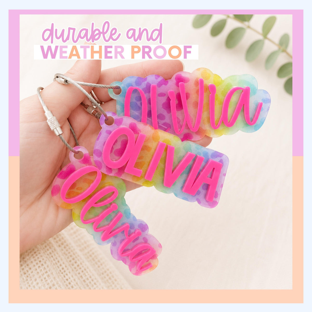 Kids Gift Personalized Name Keychain Custom Acrylic Design Colorful Backpack Charm School Bag Tag Monogram Identifier Sports Equipment Accessory Rainbow Layer Construction Premium Quality Material Perfect Birthday Present Stocking Stuffer