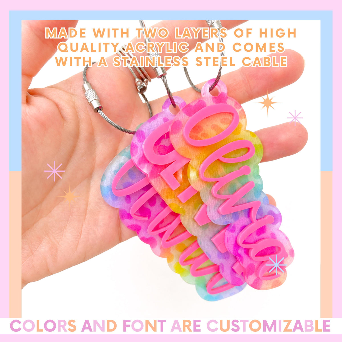 Personalized Bag Tag Custom Name Monogram Kids School Backpack Identification Colorful Acrylic Keychain Laser Cut Design Team Sports Gift Birthday Present Stocking Stuffer Vibrant Color Choices Durable Construction Wire Attachment Perfect