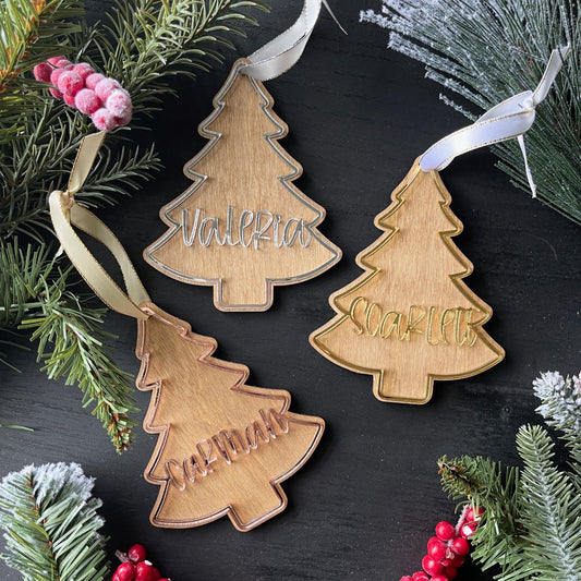 Tree Shaped Stocking Tag - Mirrored Acrylic Lettering